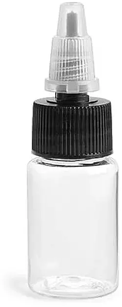 1/2 oz Clear PET Round Bottles w/ Black/Natural Twist Top Caps