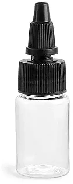 1/2 oz Clear PET Round Bottles w/ Black Twist Top Caps