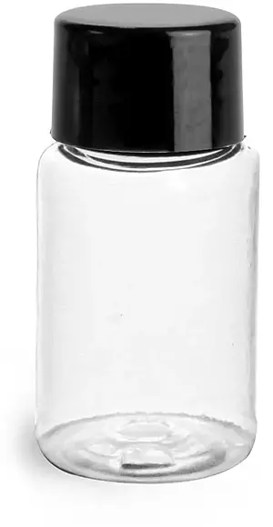 1/2 oz Plastic Bottles, Clear PET Boston Round Bottles w/ Black Smooth Lined Caps