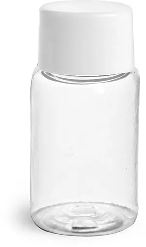 1/2 oz Plastic Bottles, Clear PET Boston Round Bottles w/ White Smooth Lined Caps