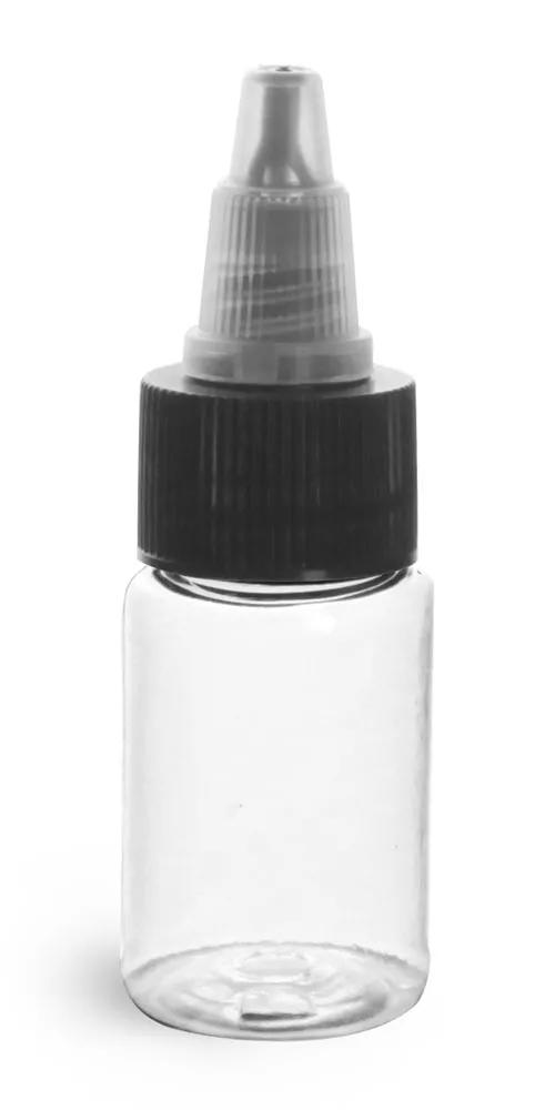 1/2 oz Clear PET Round Bottles w/ Black/Natural Induction Lined Twist Top Caps