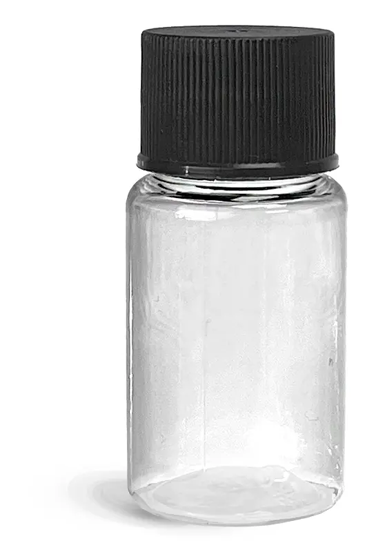 1/2 oz Clear PET Round Bottles w/ Black Ribbed SG90 Lined Caps