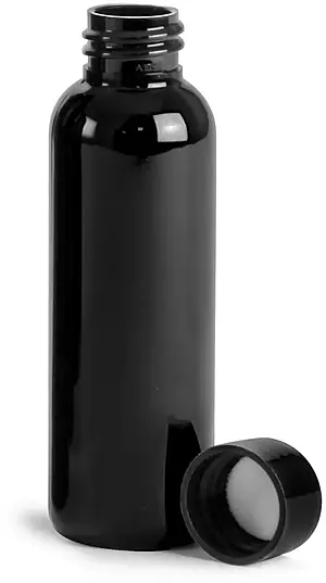 2 oz Black PET Cosmo Round Bottles w/ Black Smooth Lined Caps