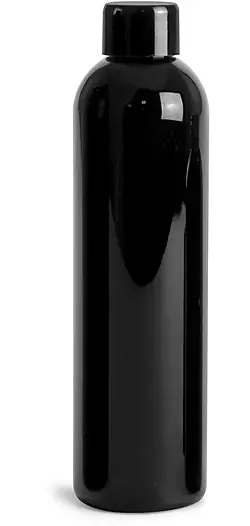 8 oz Black PET Cosmo Round Bottles w/ Black Smooth Lined Caps