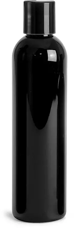 8 oz Black PET Cosmo Round Bottles w/ Black Disc Top Caps