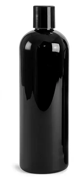 16 oz Black PET Cosmo Round Bottles w/ Black Disc Top Caps