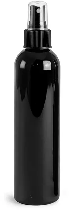 8 oz Black PET Cosmo Round Bottles w/ Black Sprayers