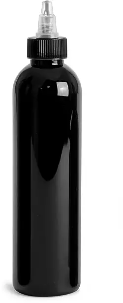 8 oz Black PET Cosmo Round Bottles w/ Black / Natural Twist Top Caps