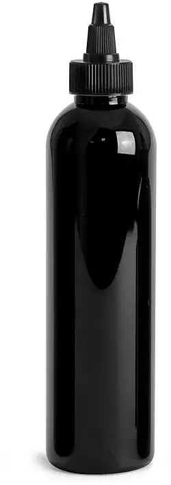 8 oz Black PET Cosmo Round Bottles w/ Black Twist Top Caps