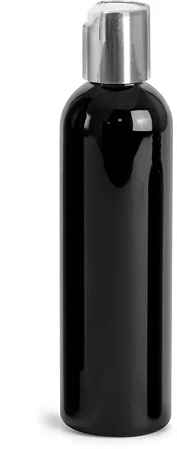 4 oz Plastic Bottles, Black PET Cosmo Round Bottles w/ Silver Disc Top Caps