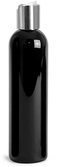 8 oz Plastic Bottles, Black PET Cosmo Round Bottles w/ Silver Disc Top Caps