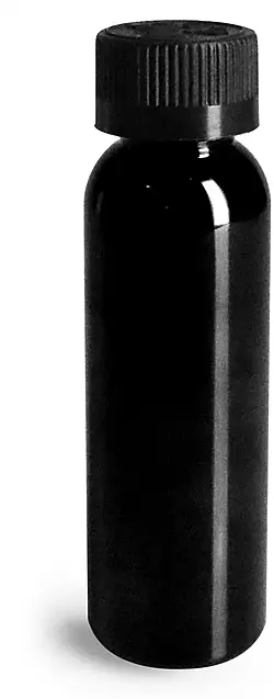 2 oz Plastic Bottles, Black PET Cosmo Round Bottles w/ Black Child Resistant Caps