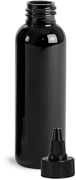 2 oz Plastic Bottles, Black PET Cosmo Round Bottles w/ Black Induction Lined Twist Top Caps