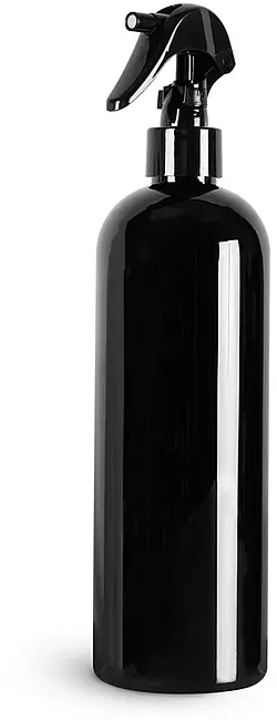 16 oz Black PET Cosmo Round Bottles w/ Black Polypropylene Mini Trigger Sprayers