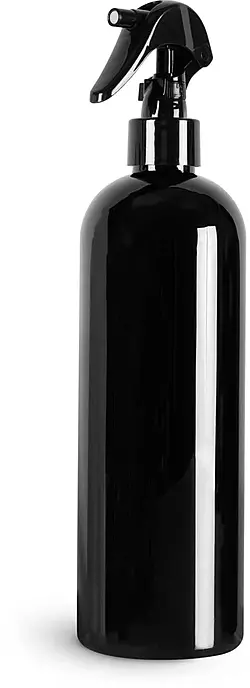 8 oz Black PET Cosmo Round Bottles w/ Black Polypropylene Mini Trigger Sprayers