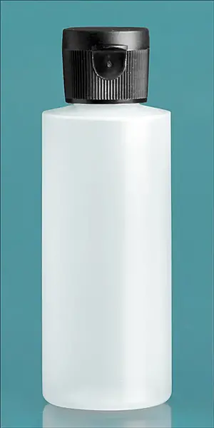 2 oz Natural HDPE Cylinder Bottles w/ Black Ribbed Snap Caps