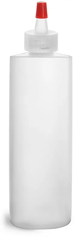 8 oz Natural HDPE Cylinder Bottles w/ Long Tip Spout Caps w/ .030 hole