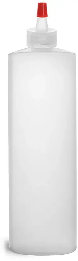 16 oz Natural HDPE Cylinder Bottles w/ Long Tip Spout Caps w/ .030 hole