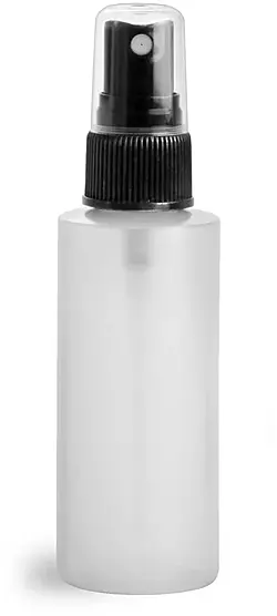 2 oz Natural HDPE Cylinder Bottles w/ Black Fine Mist Sprayers