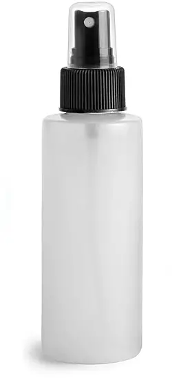 4 oz Natural HDPE Cylinder Bottles w/ Black Fine Mist Sprayers