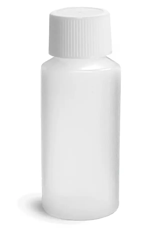 1 oz Natural HDPE Cylinder Bottles w/ White Lined Screw Caps