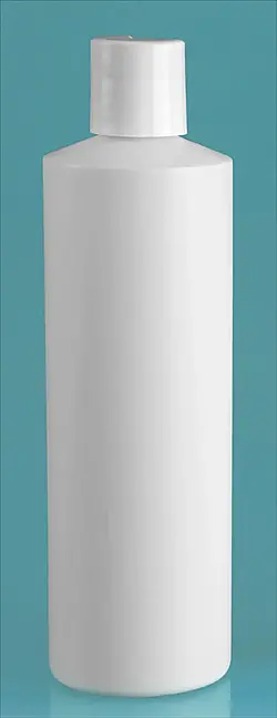 16 oz White HDPE Cylinder Bottles w/ with White Smooth Disc Top Caps