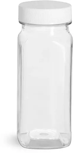 4 oz Plastic Bottles, Clear PET Square Bottles With White Ribbed Caps