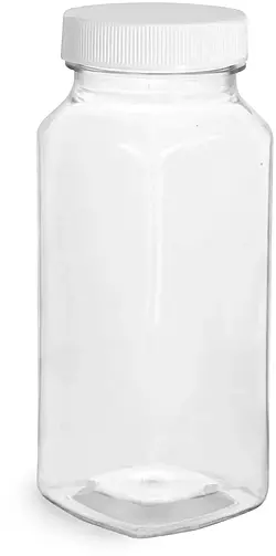 8 oz Plastic Bottles, Clear PET Square Bottles With White Ribbed Caps
