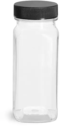 8 oz Clear PET Square Bottles w/ Black Ribbed PE Lined Caps