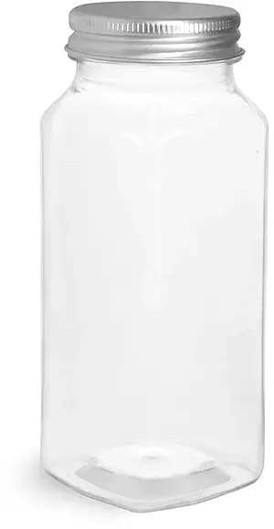 8 oz Clear PET Square Bottles w/ Lined Aluminum Caps