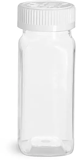 4 oz Clear PET Square Bottles w/ White Child Resistant Caps