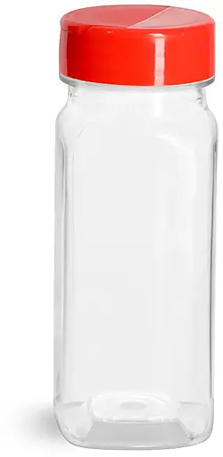 4 oz Clear PET Square Bottles w/ Red Polypropylene Spice Caps