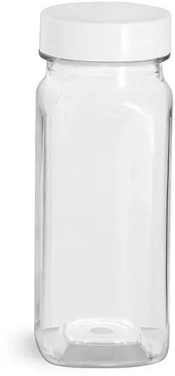 4 oz Clear PET Square Bottles w/ Smooth White PE Lined Caps