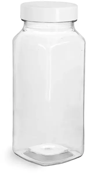 8 oz Clear PET Square Bottles w/ Smooth White PE Lined Caps