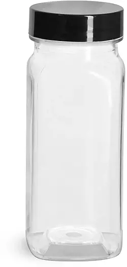 4 oz Clear PET Square Bottles w/ Smooth Black PE Lined Caps