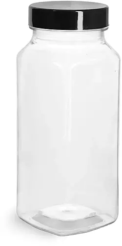 8 oz Clear PET Square Bottles w/ Smooth Black PE Lined Caps