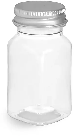2 oz Clear PET Square Bottles w/ Lined Aluminum Caps