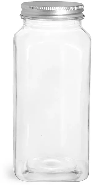 16 oz Clear PET Square Bottles w/ Lined Aluminum Caps