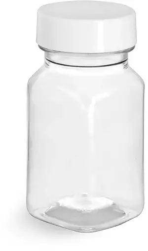 2 oz Clear PET Square Bottles w/ Smooth White PE Lined Caps