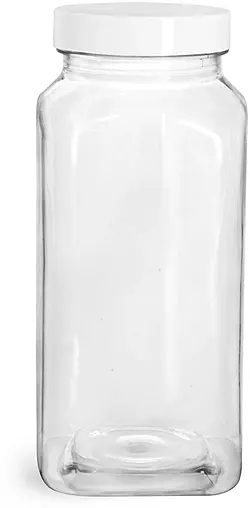 16 oz  Clear PET Square Bottles w/ Smooth White PE Lined Caps
