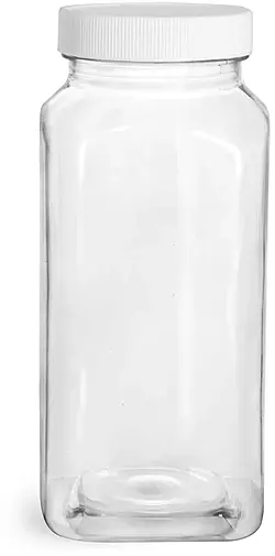 16 oz Plastic Bottles, Clear PET Square Bottles With White Ribbed Caps