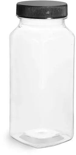 16 oz Clear PET Square Bottles w/ Black Ribbed PE Lined Caps