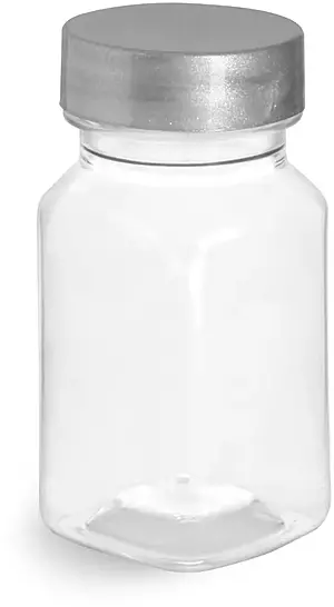 2 oz Clear PET Square Bottles w/ Silver Lined Caps