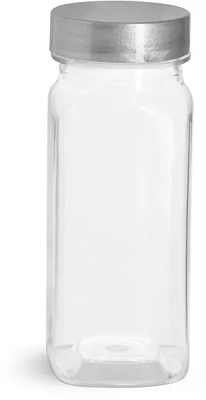 4 oz Clear PET Square Bottles w/ Silver Lined Caps
