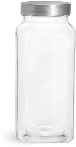 16 oz Clear PET Square Bottles w/ Silver Lined Caps