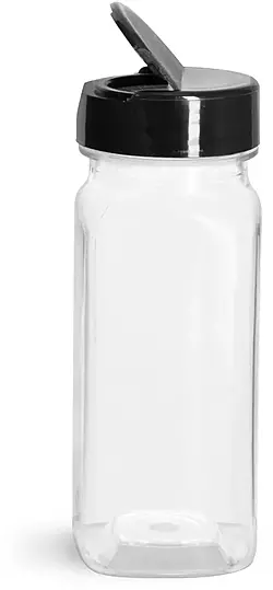 4 oz Clear PET Square Bottle w/ Black Lined Spice Cap