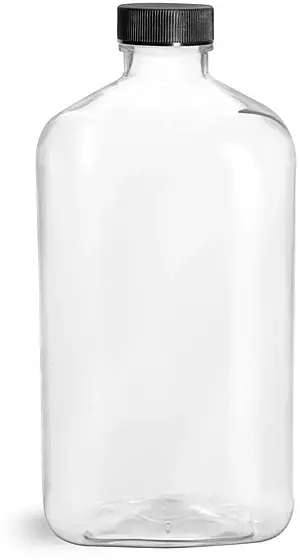 16 oz Clear PET Oblong Bottles w/ Black Ribbed Screw Caps