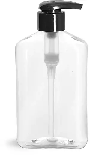 8 oz Clear PET Oblong Bottles w/ Black 2 cc Lotion Pumps