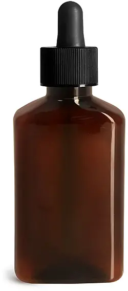 100 ml Plastic Bottles, Amber PET Oblong Bottles w/ Black Bulb Dropper