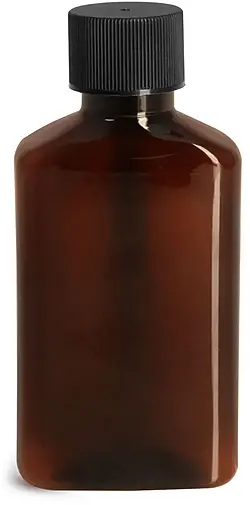100 ml Plastic Bottles, Amber PET Oblong Bottles w/ Black Ribbed Lined Caps and Orifice Reducers